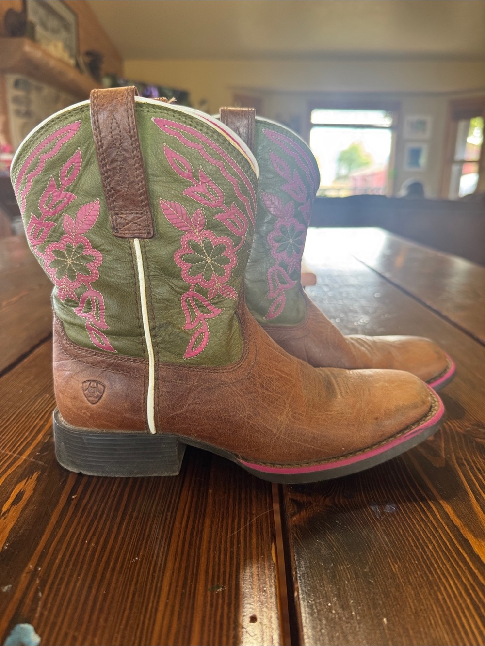 Girls' Brown & Green Western Boots with Pink Stitching